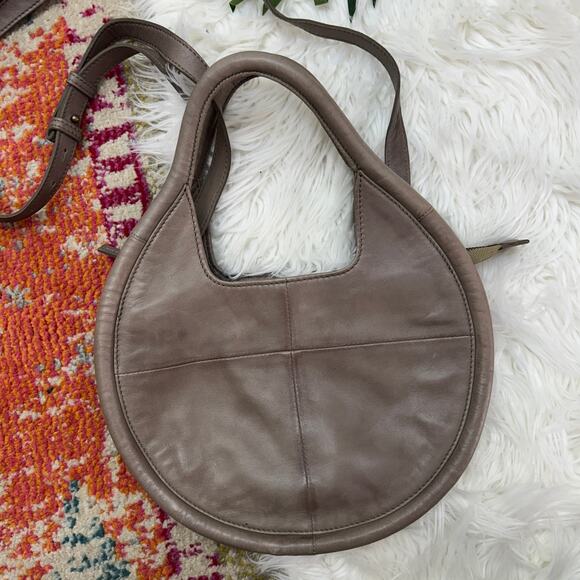 Anthropologie Neutral Brown Taupe Round Julien Leather Tote Bag Purse Minimalist - Picture 3 of 8